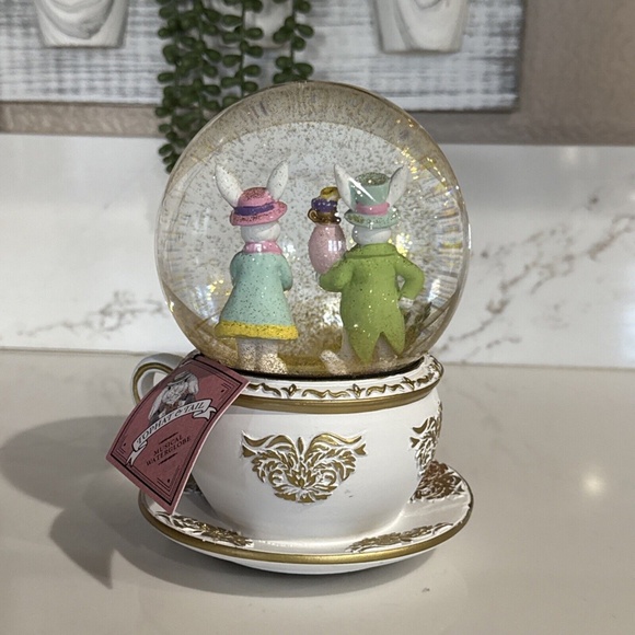 Tea Cup & Saucer Easter Rabbit Musical Snow Globe - Picture 3 of 5